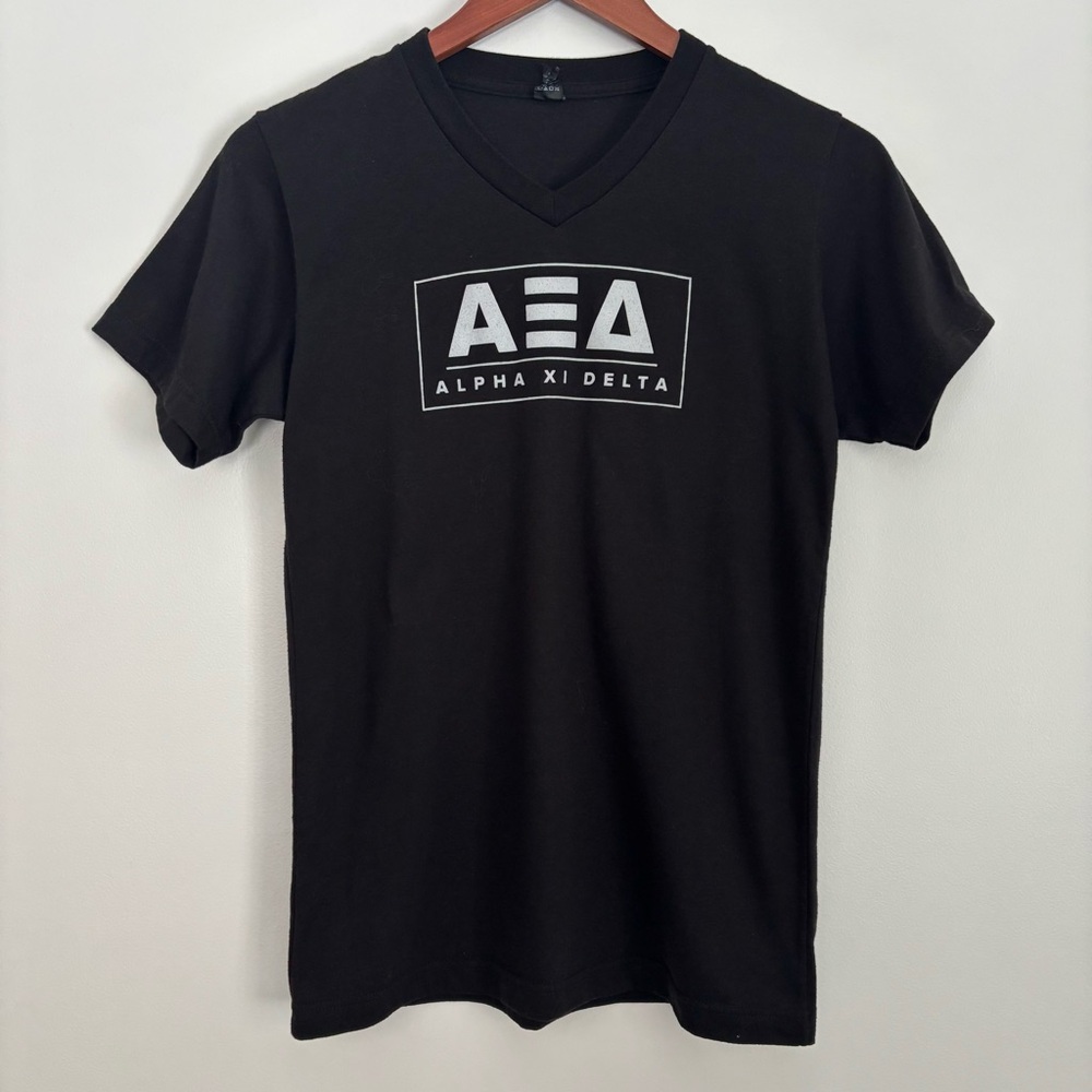 Alpha Xi Delta | Black V Neck Casual Sorority T Shirt | Size S